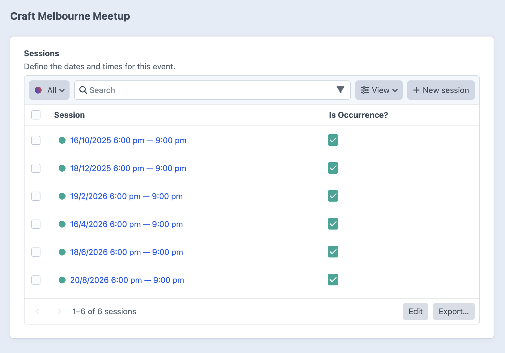 Events recurring sessions