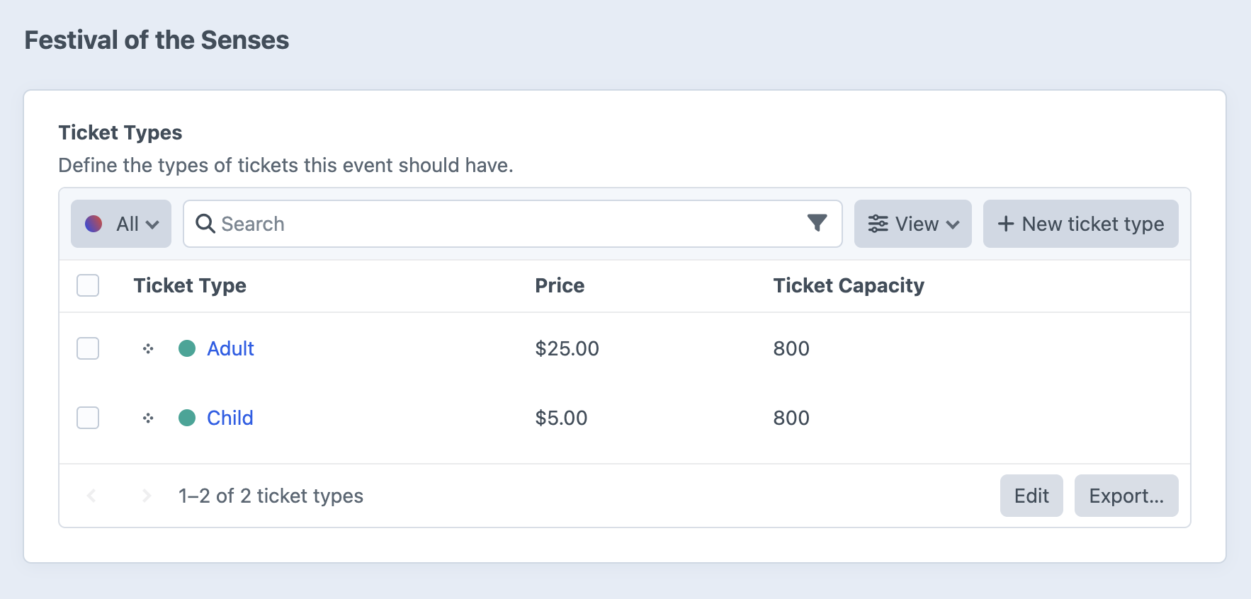 Events ticket types