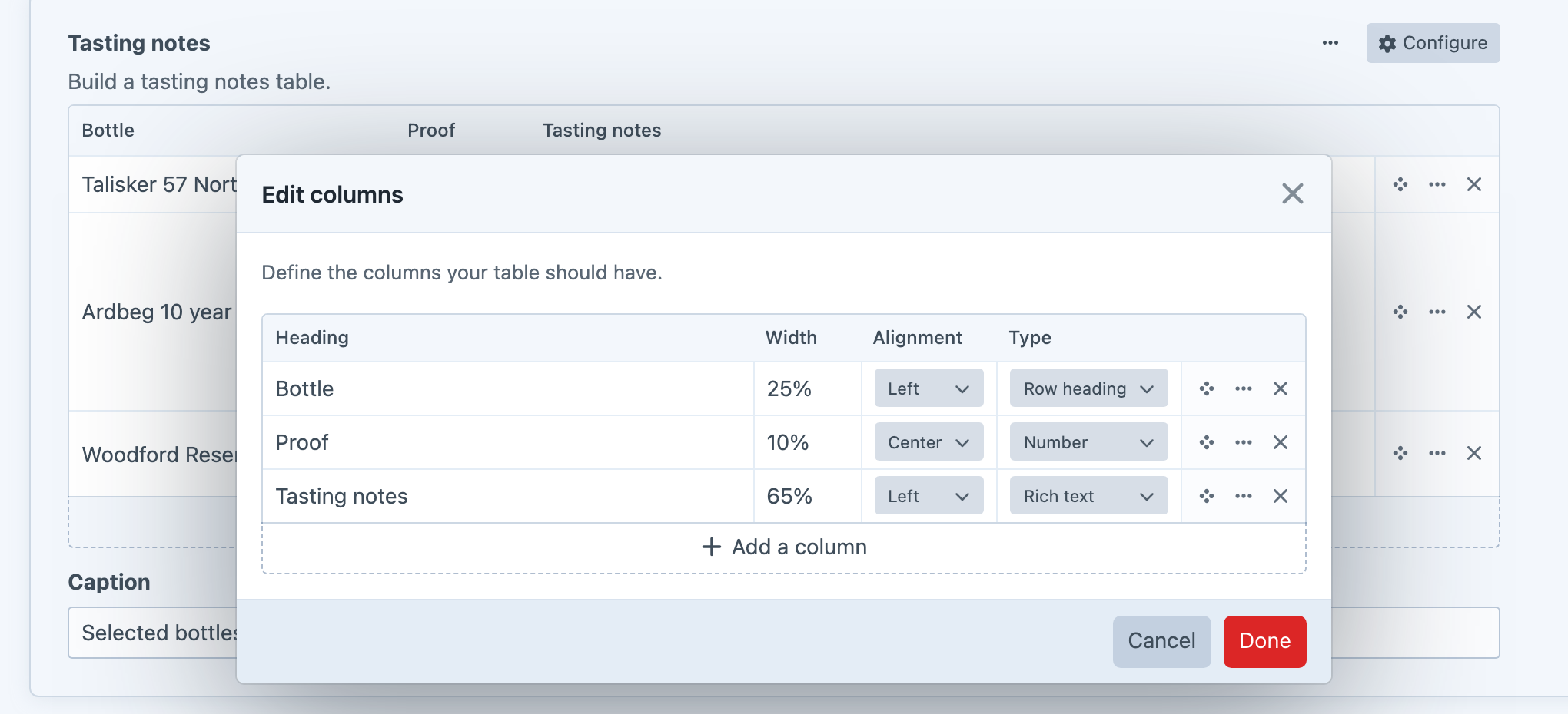 Tablemaker columns