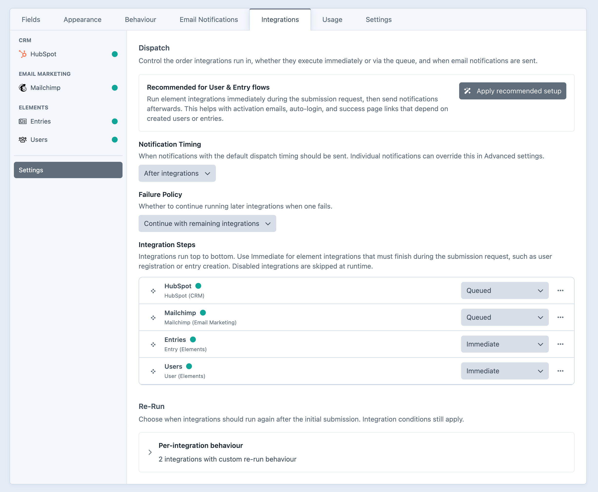 Formie4 beta integrations settings