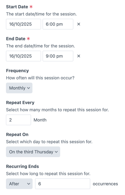 Events recurring sessions config
