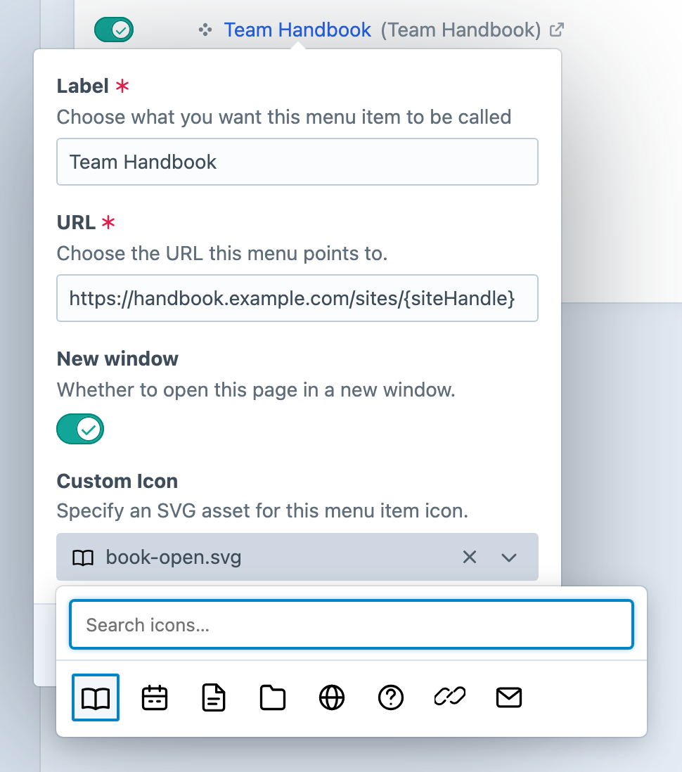 Team Handbook's menu item editor with the SVG icon picker open and book-open.svg selected