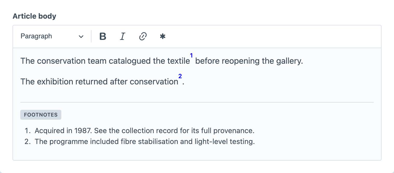 A CKEditor field with numbered references and rich definitions in its Footnotes region.