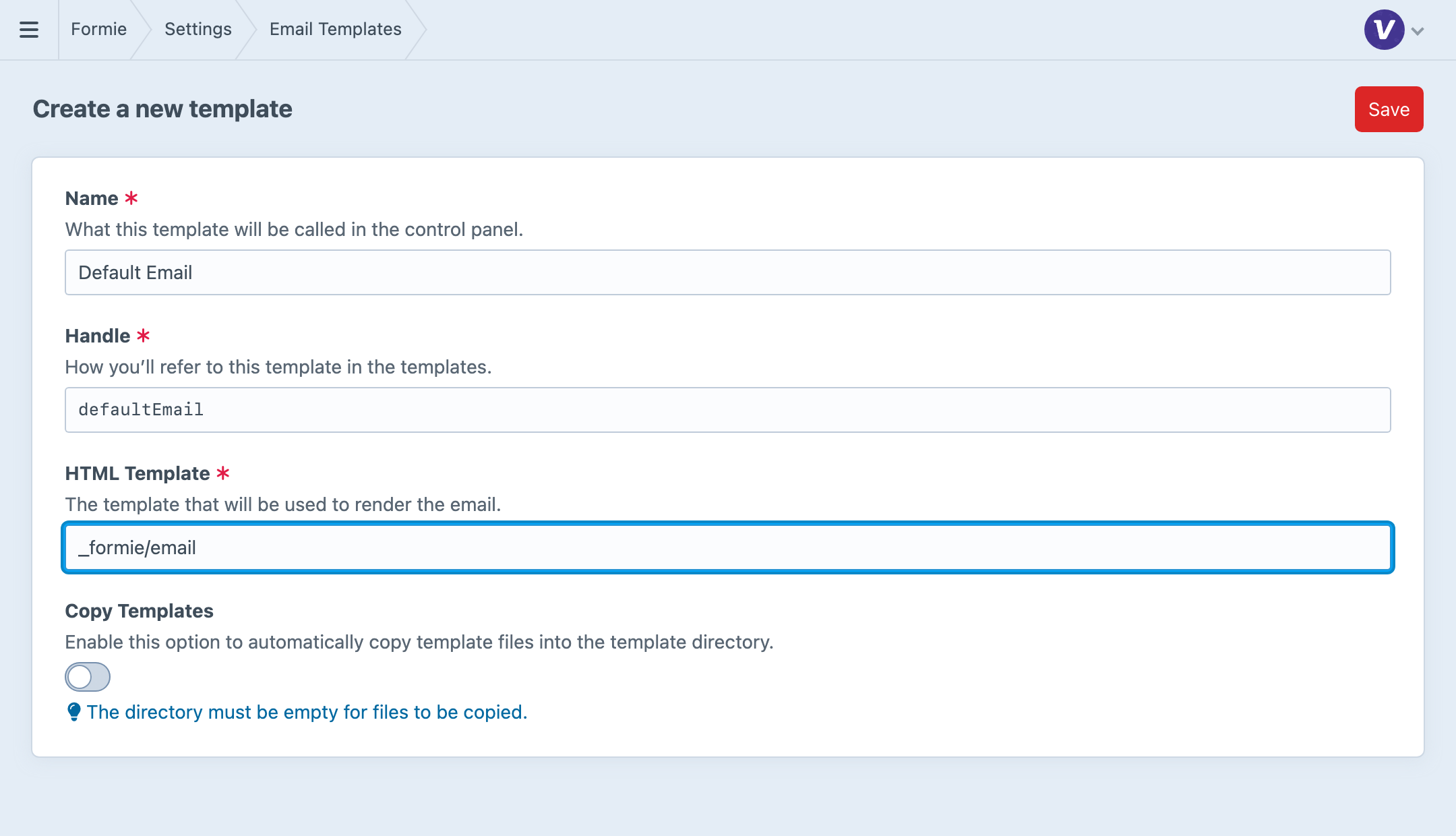 Formie form template settings