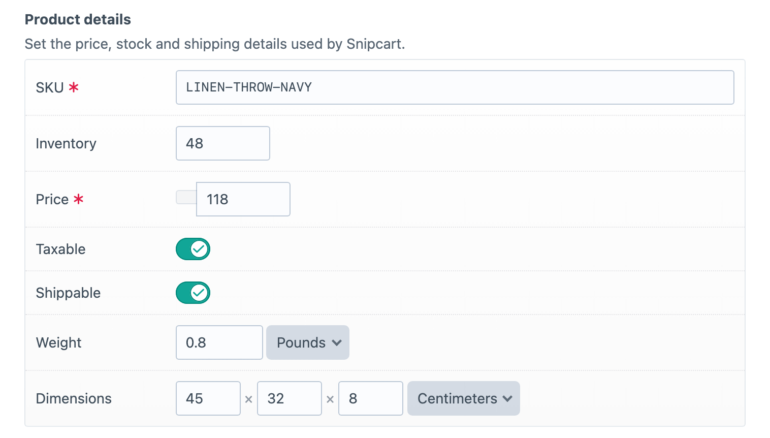 Snipcart product details in an entry