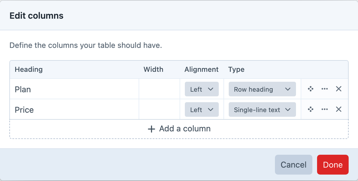Edit columns dialog with heading, width and alignment controls