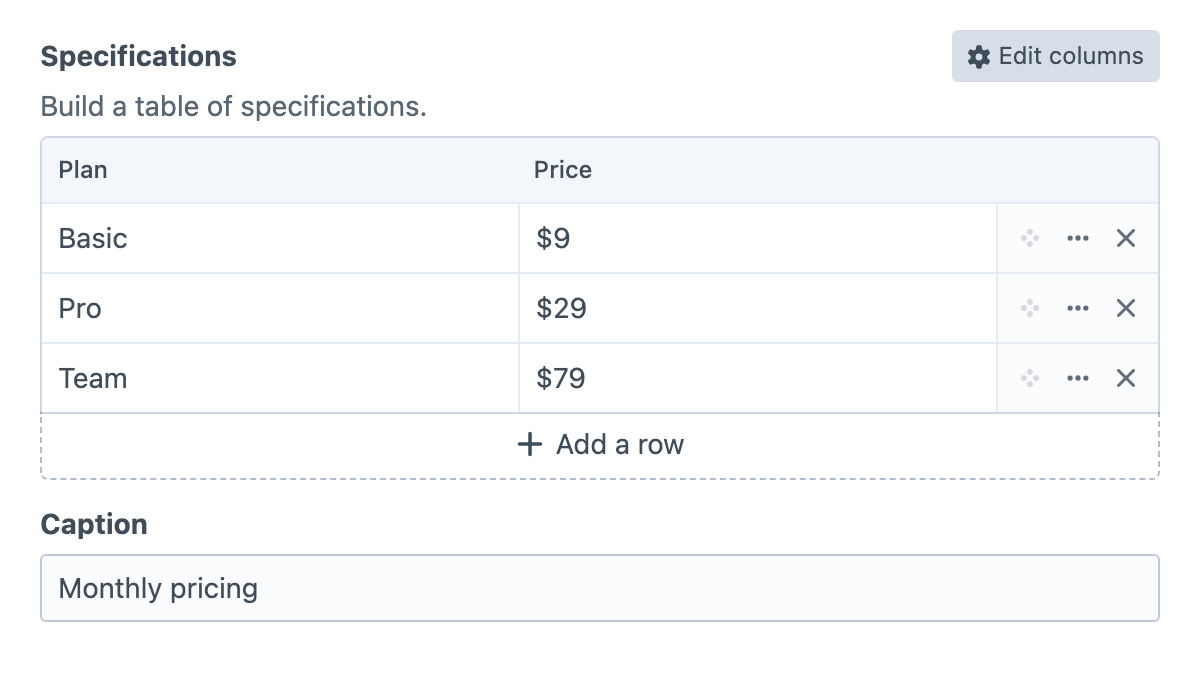 Table Maker field with Plan and Price rows and a caption