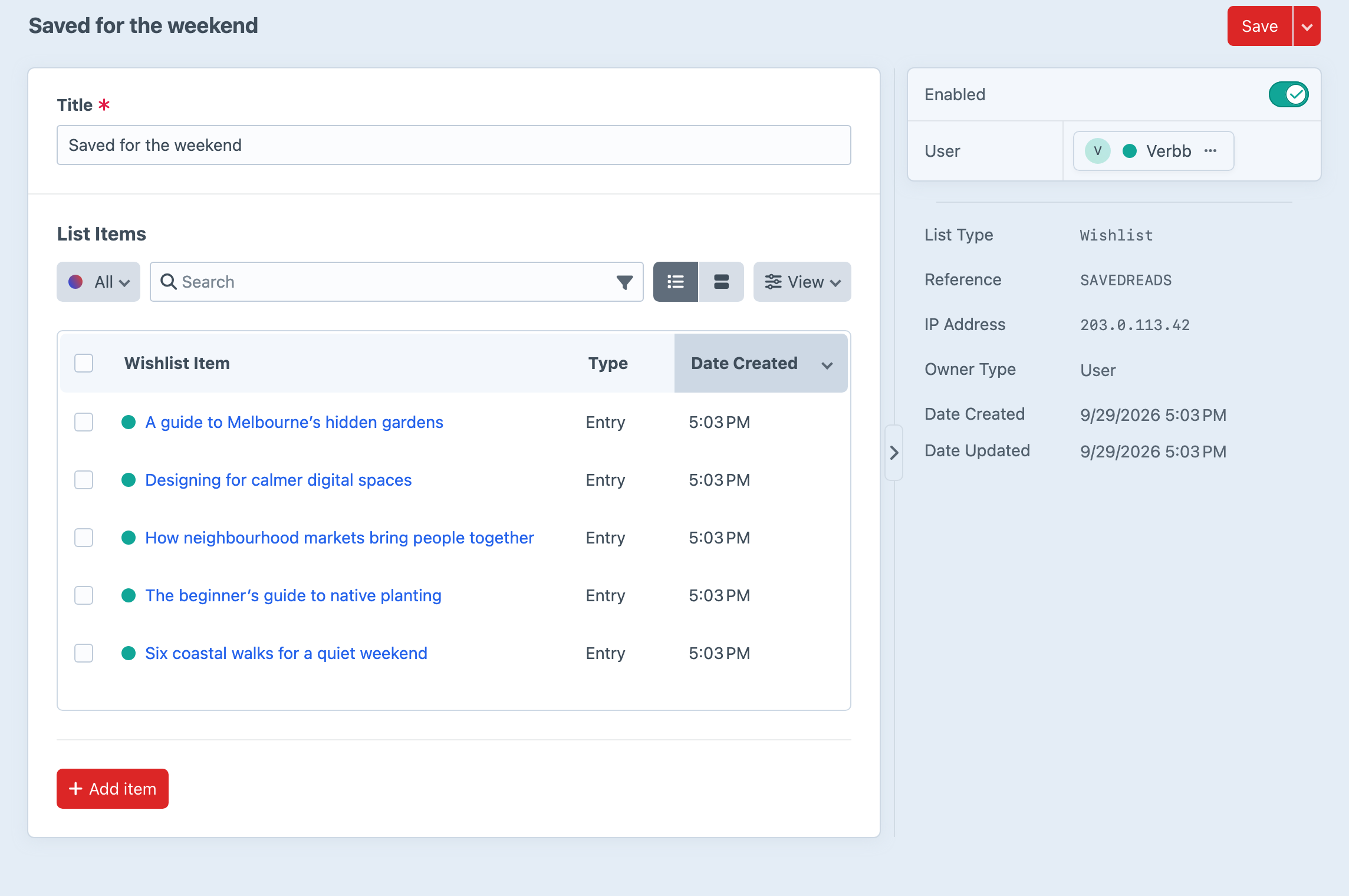 A Wishlist list and its items in the control panel