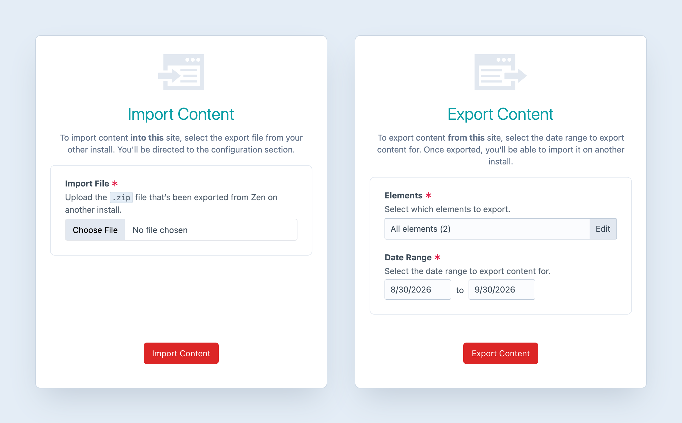 Selecting content to export with Zen