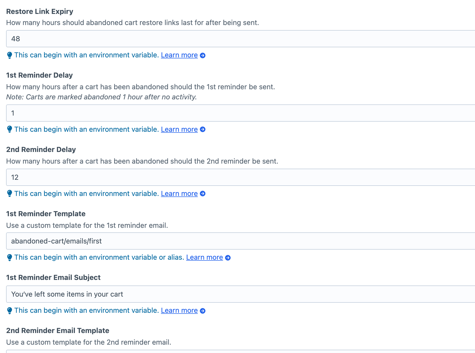 Abandoned Cart reminder timing, expiry and email settings in Craft 5.