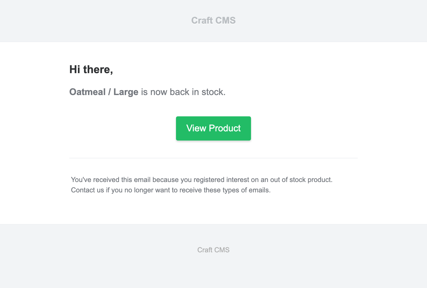 The bundled availability email rendered with the requested Commerce variant.