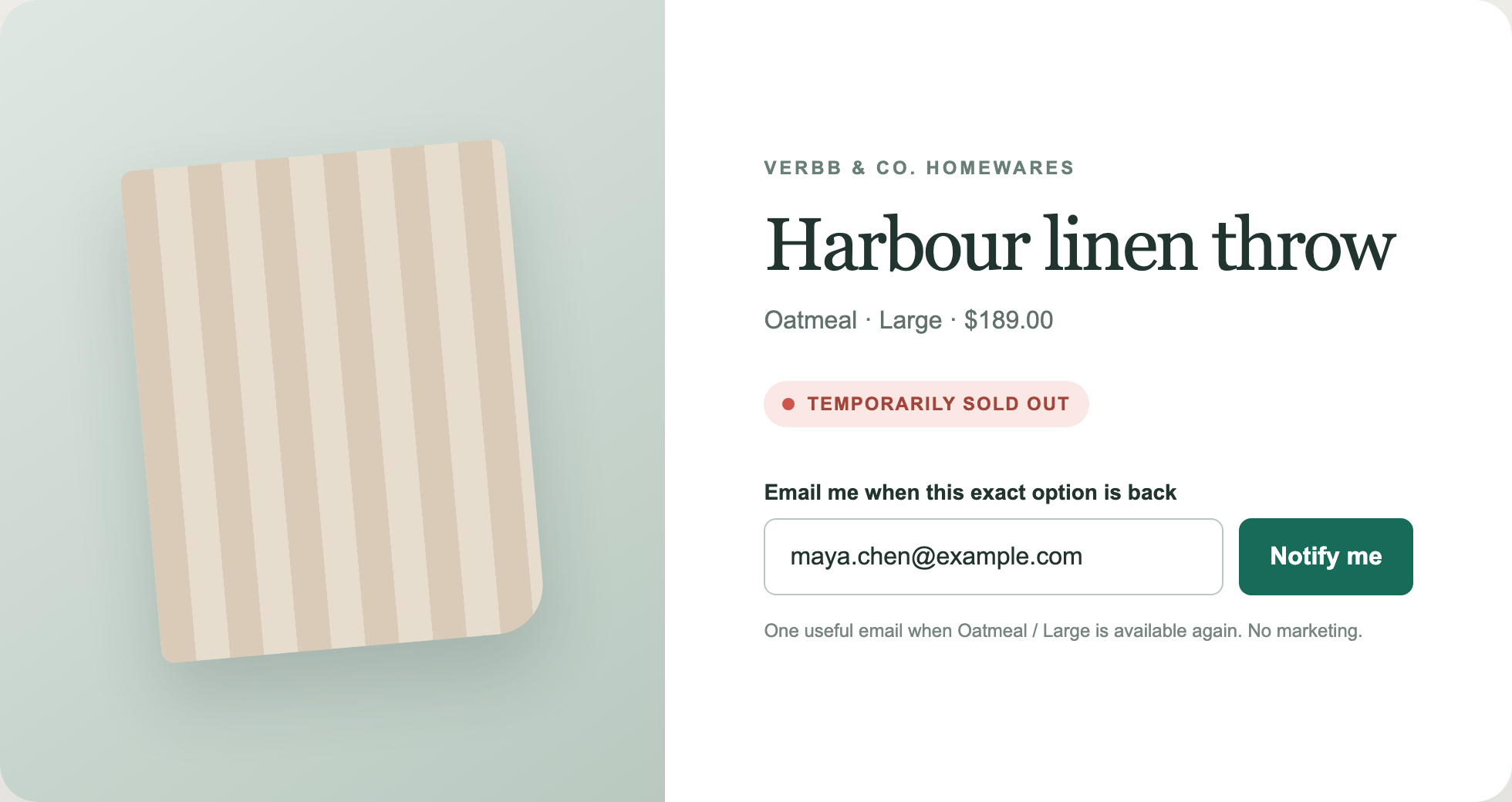 A project-owned sold-out product page with a notification form for the exact variant.