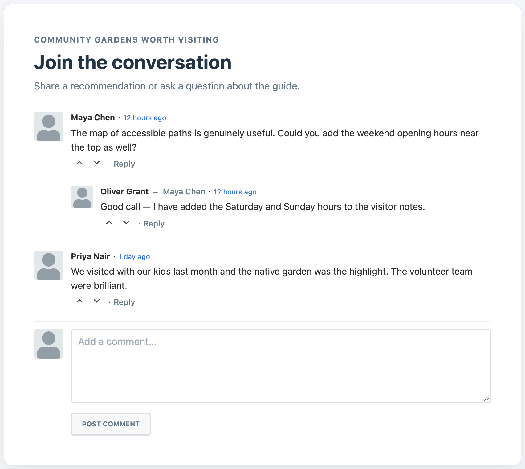 A threaded conversation above the default comment form.