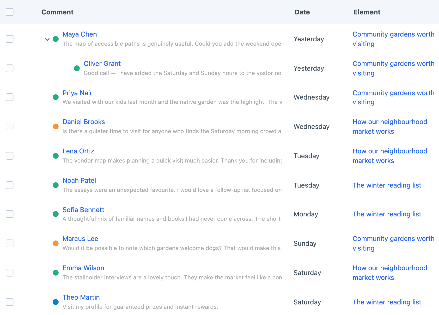 Comments awaiting review alongside approved conversations and threaded replies.