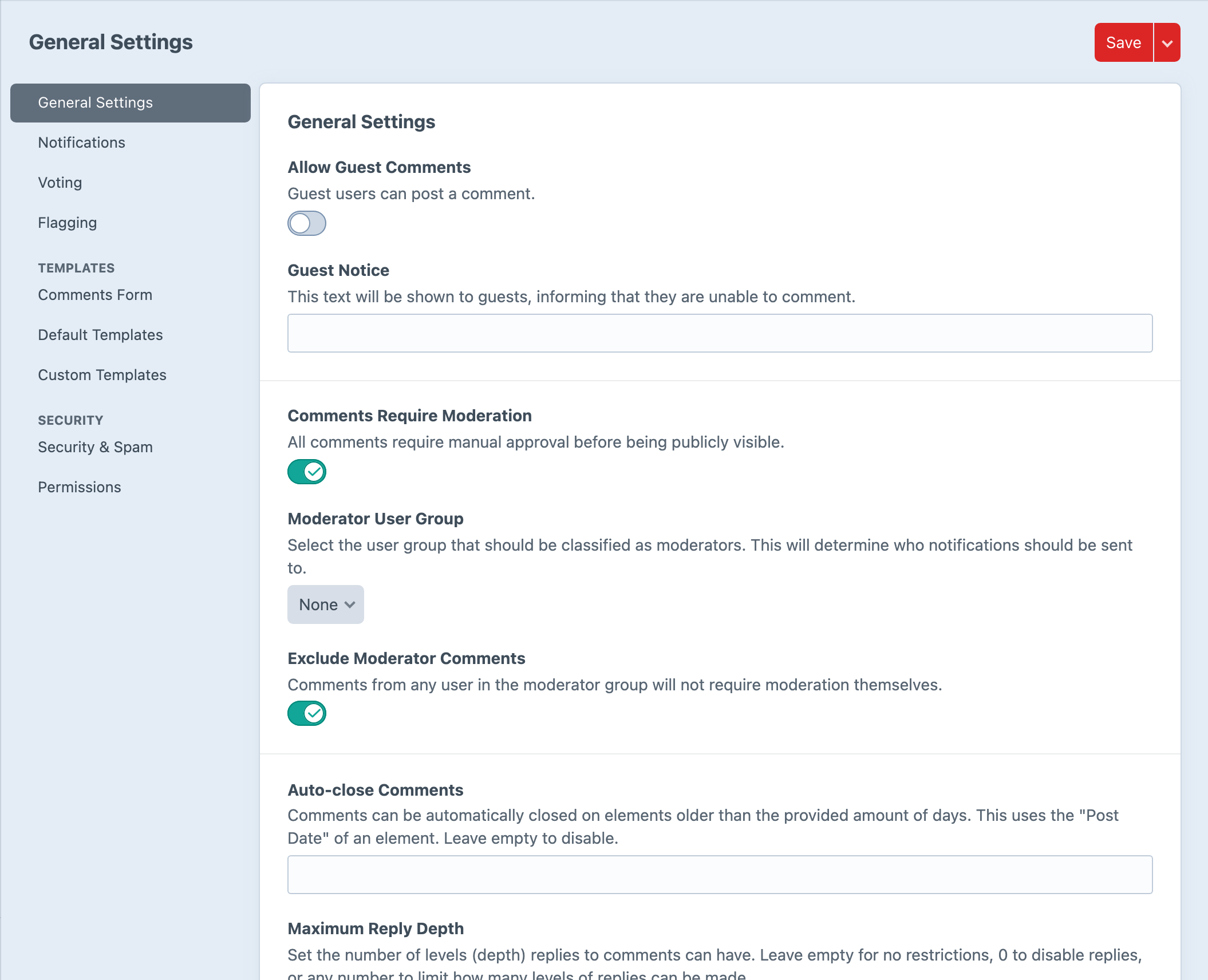 The Comments settings area with controls for guests, moderation and reply limits.