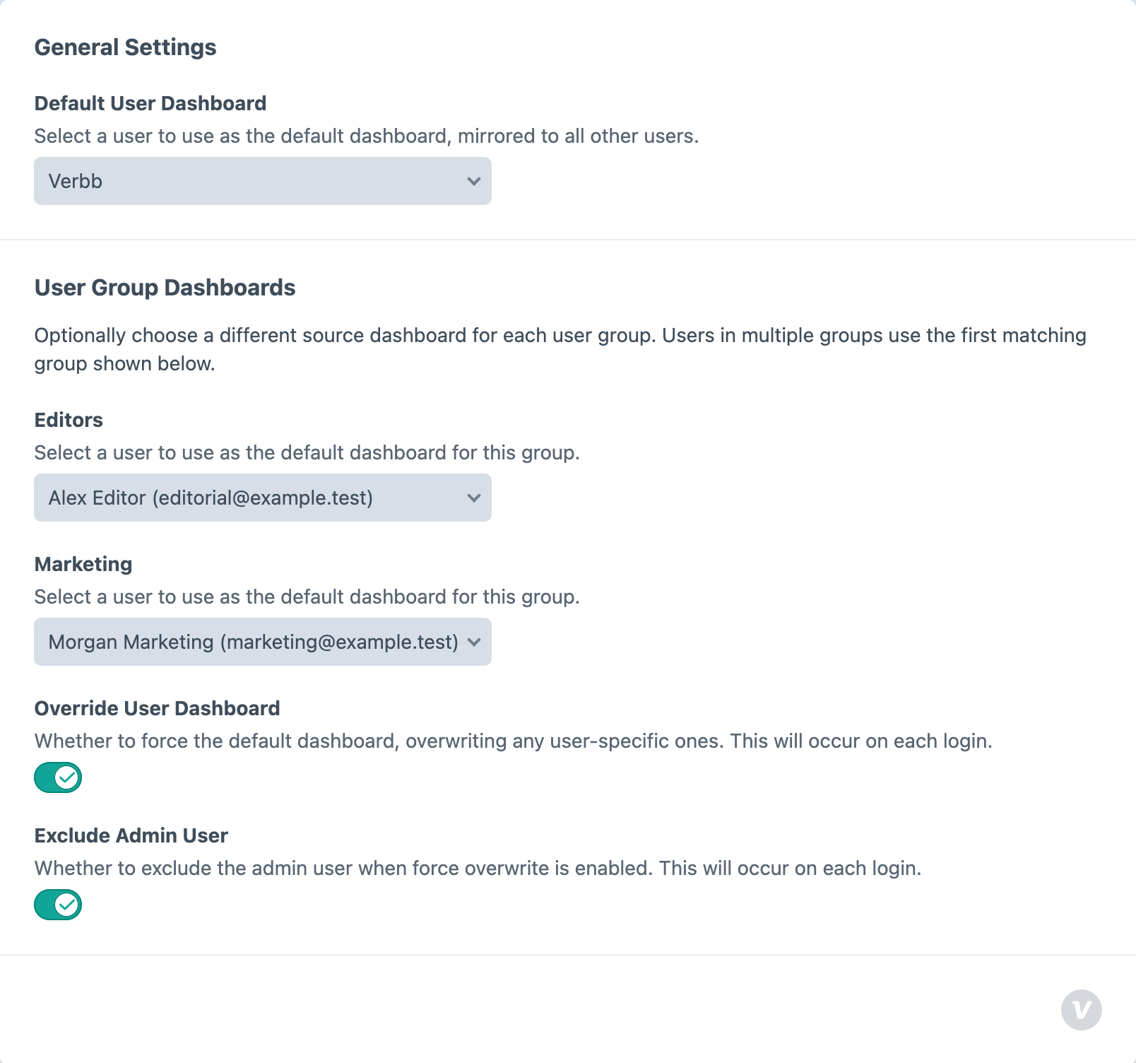 Default Dashboard settings with global and group-specific source dashboards.