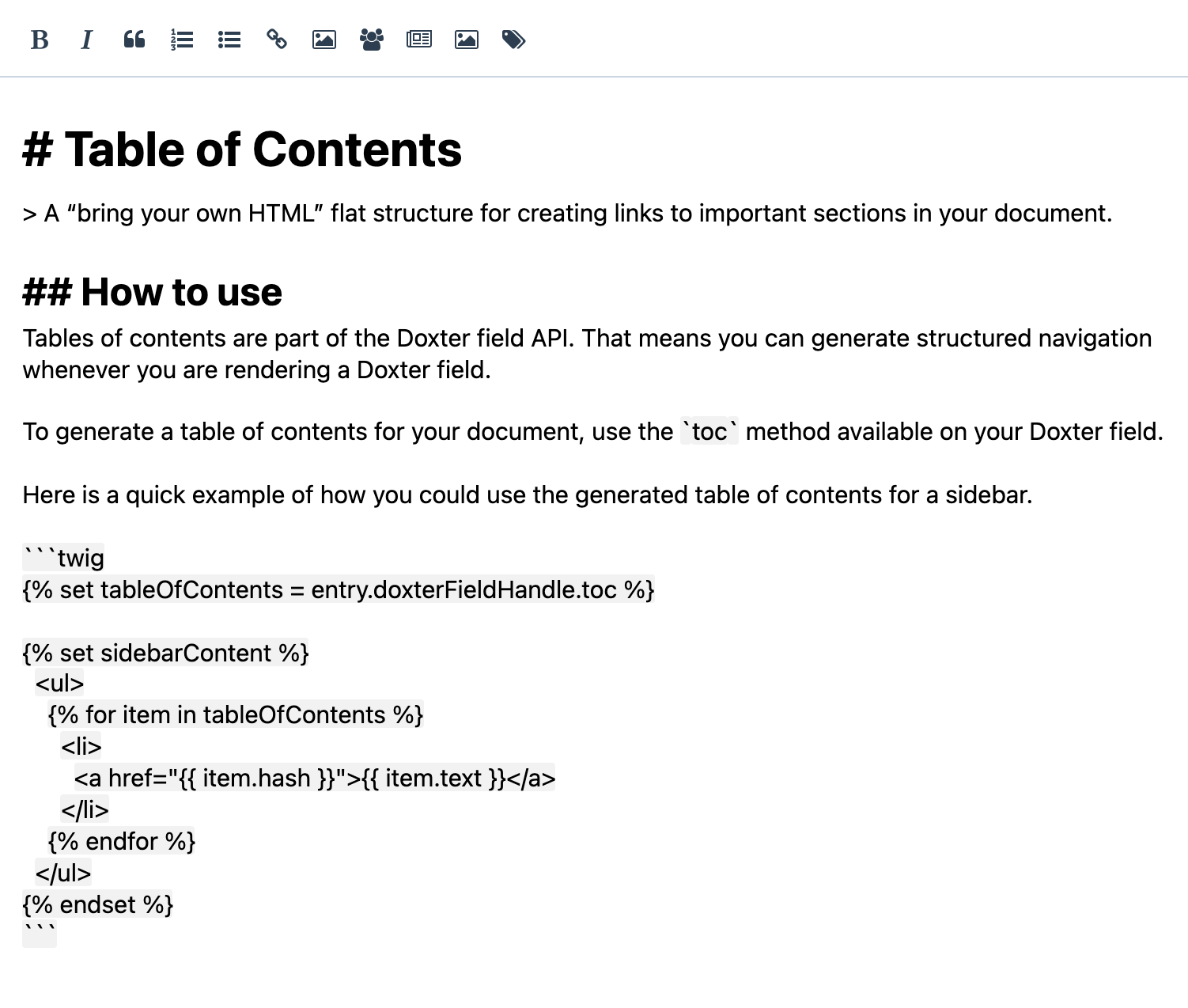 A table-of-contents article written in Doxter’s Markdown editor with its formatting and reference toolbar.