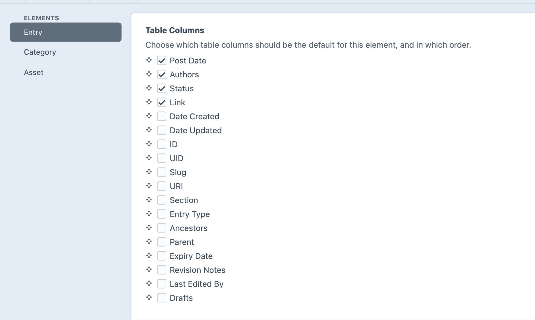Entry table columns selected and ordered in the Element Index Defaults settings.