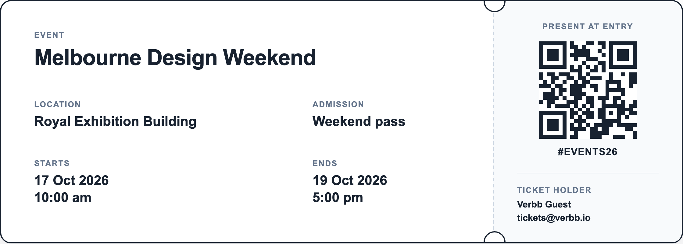 A printable event ticket with dates, attendee details and a QR code.