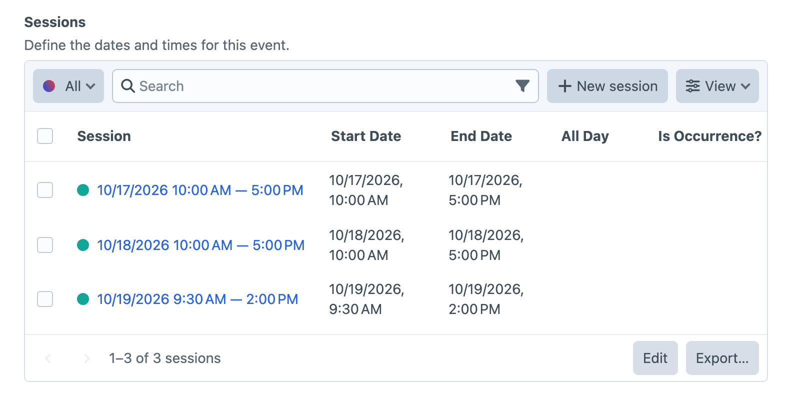 An Events entry showing three scheduled sessions in Craft 5.