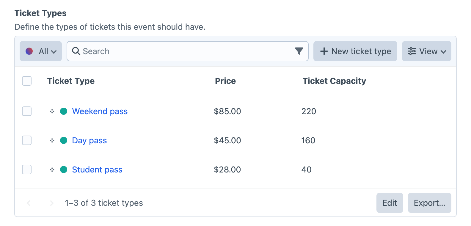 Ticket types with capacity and pricing inside an Events entry.