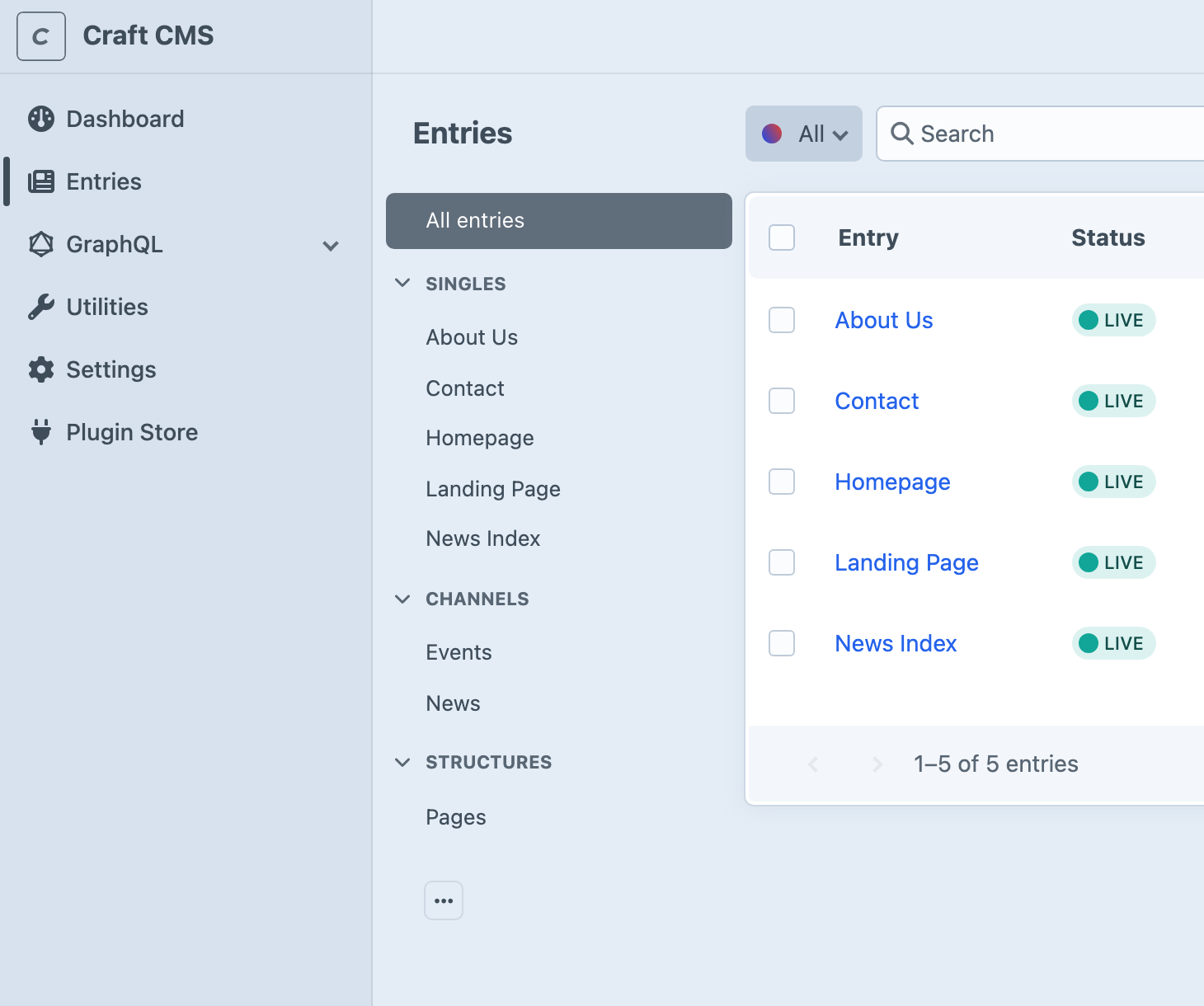 Craft 5’s Entries index with About Us, Contact, Homepage, Landing Page and News Index shown directly in the source navigation.