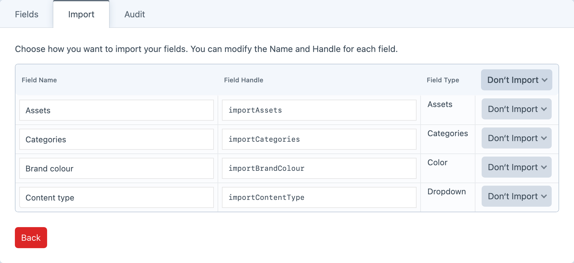 Field Manager mapping fields from an export before import.
