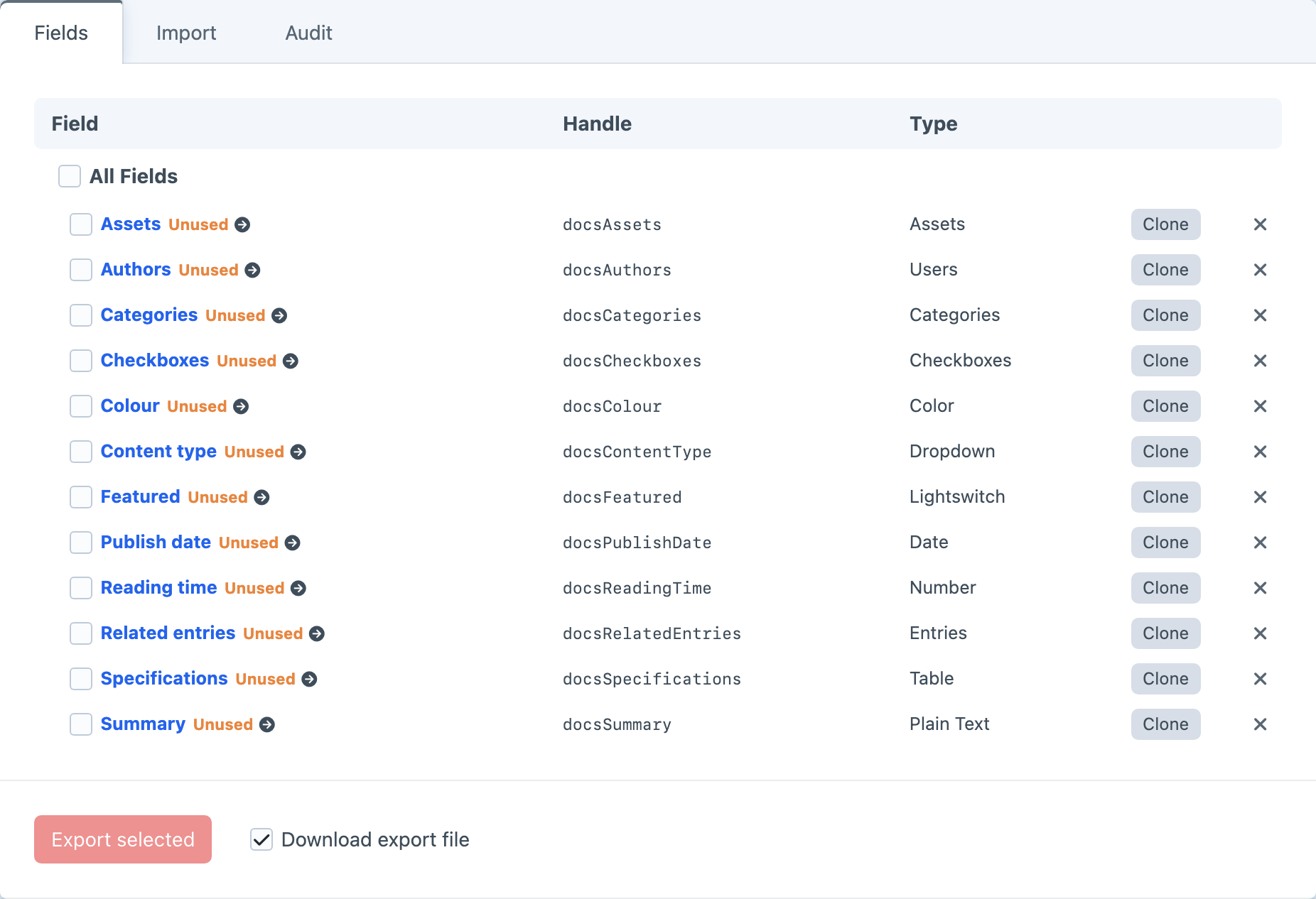 Field Manager listing native Craft fields with their handles and types.