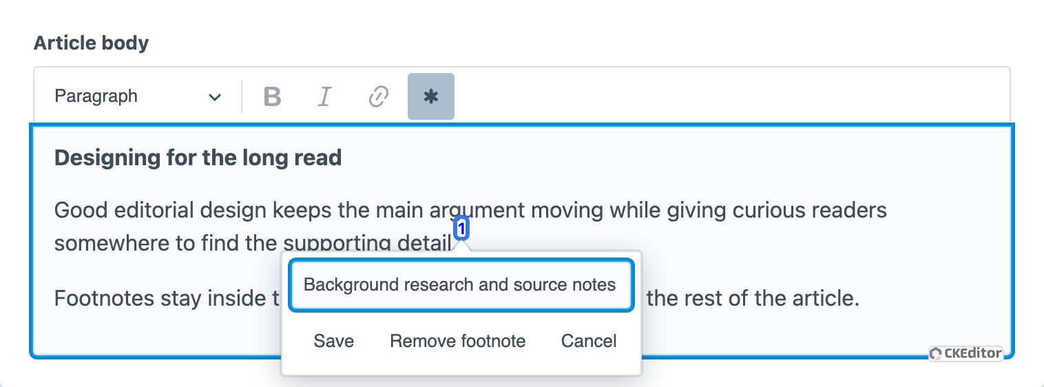 A numbered footnote and its editing controls inside a Craft CKEditor field.
