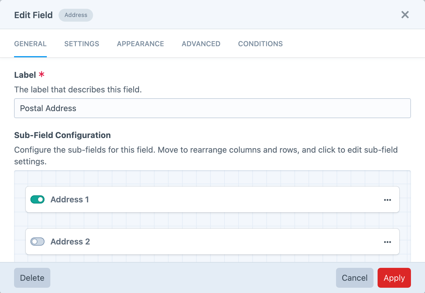 The settings for a real Formie Address field.
