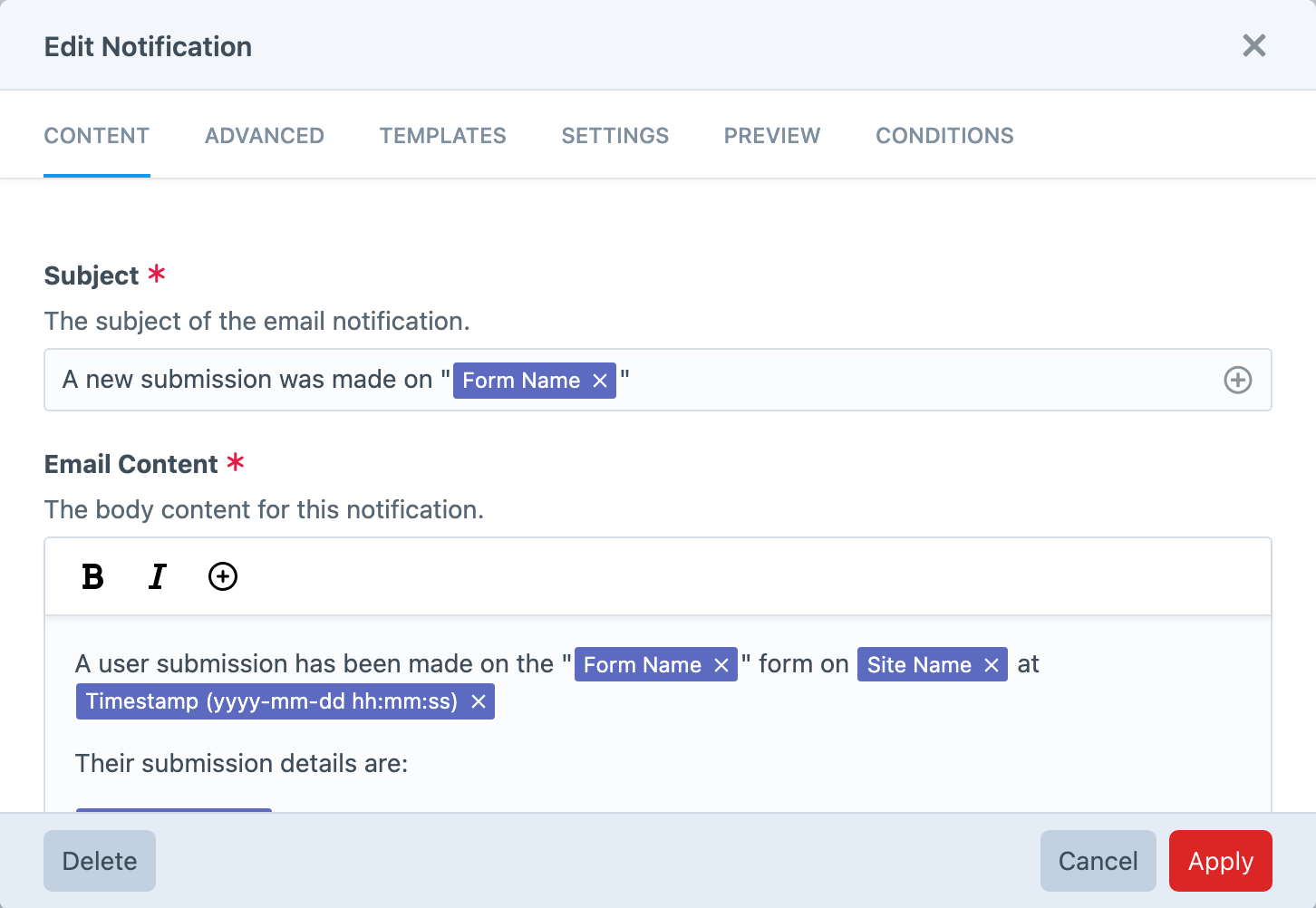 A real Formie notification open in the email editor.