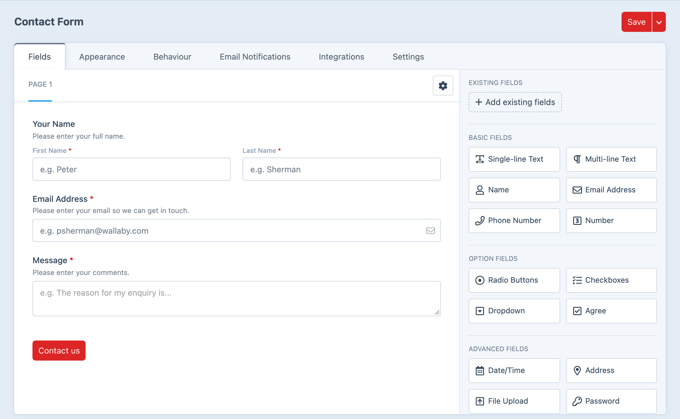 Formie’s visual form builder editing a contact form in Craft 5.