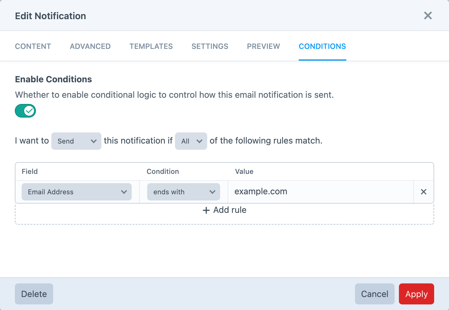 A conditional email rule in Formie’s notification editor.