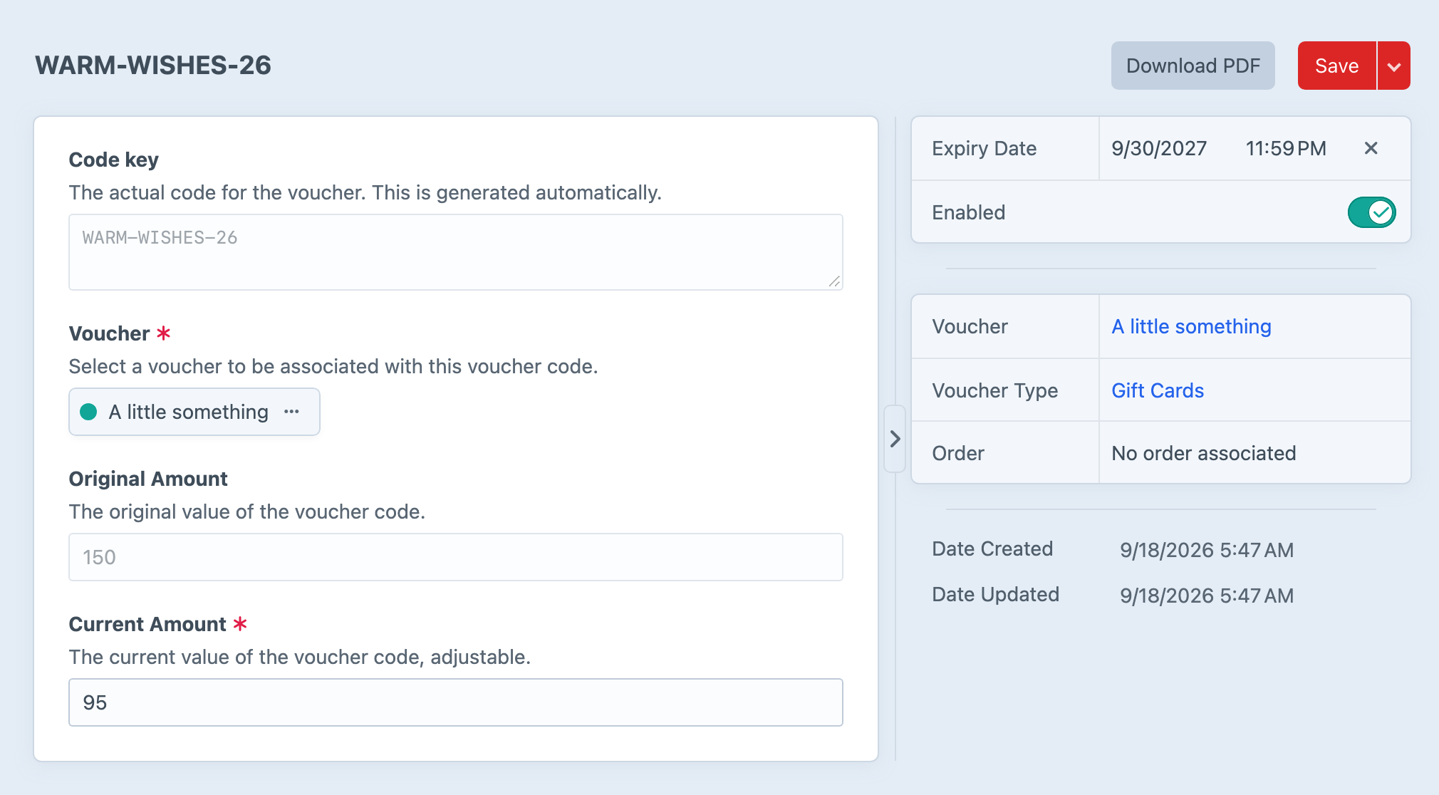 A voucher code showing its original value, remaining balance and expiry date in Craft.