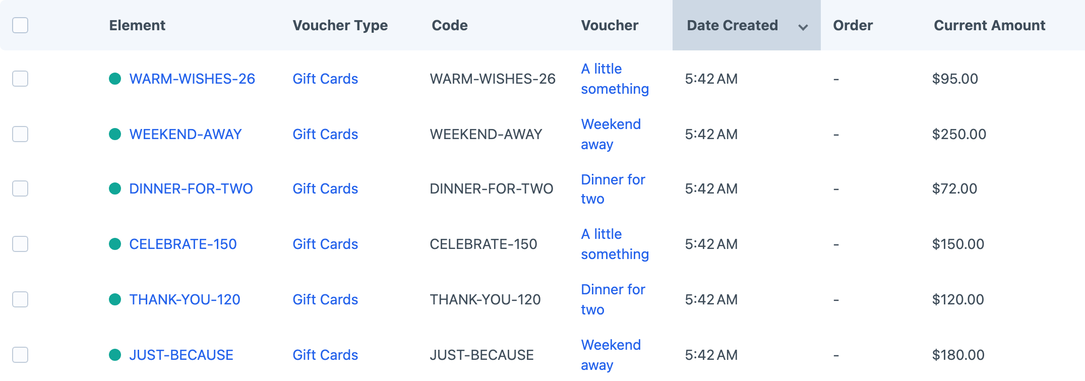 A populated Gift Voucher code index with balances and expiry dates.