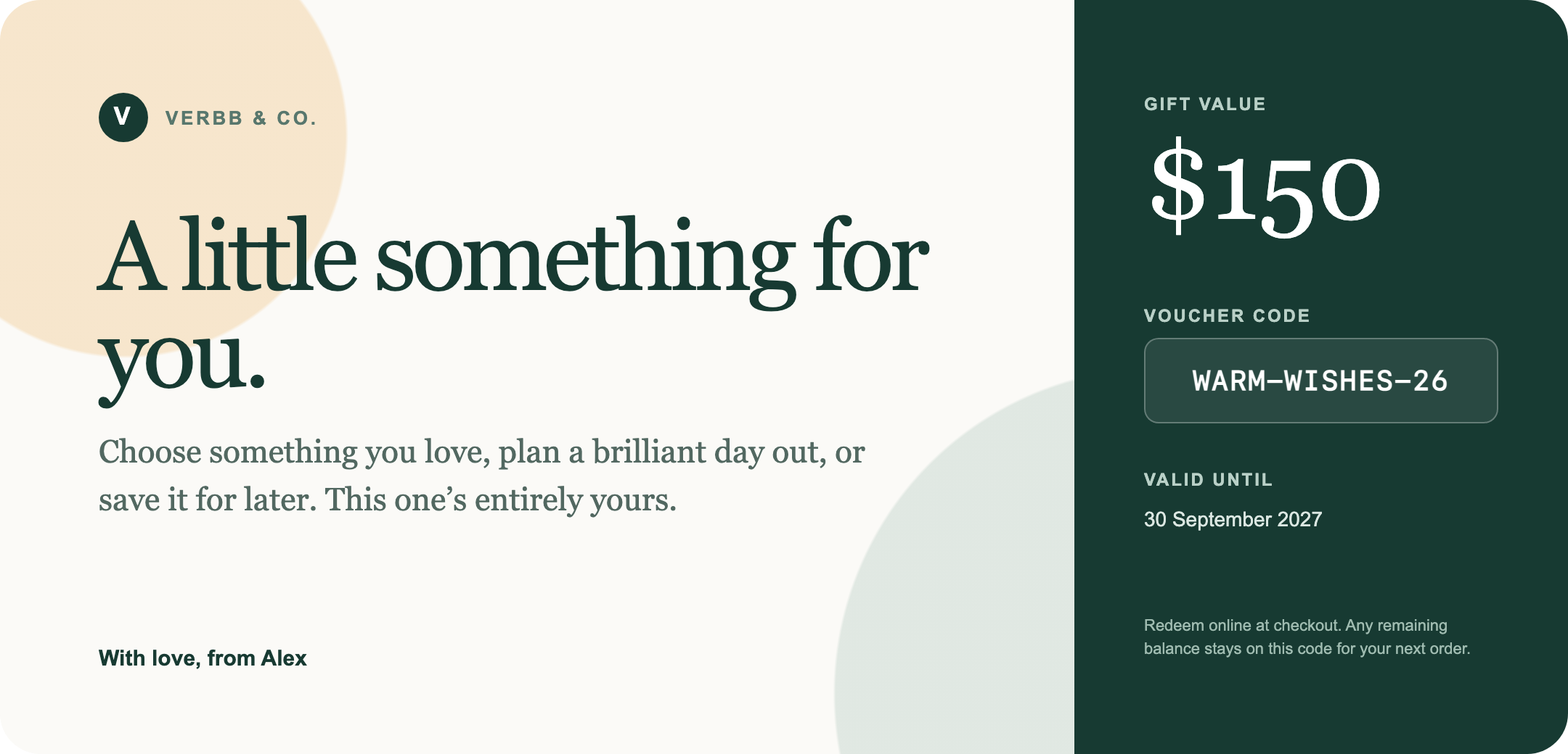 An illustrative gift voucher template with a value and redemption code.