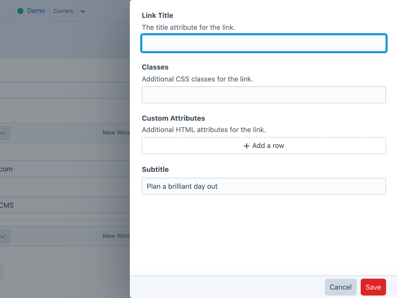A Hyper link settings slideout with extra content fields.