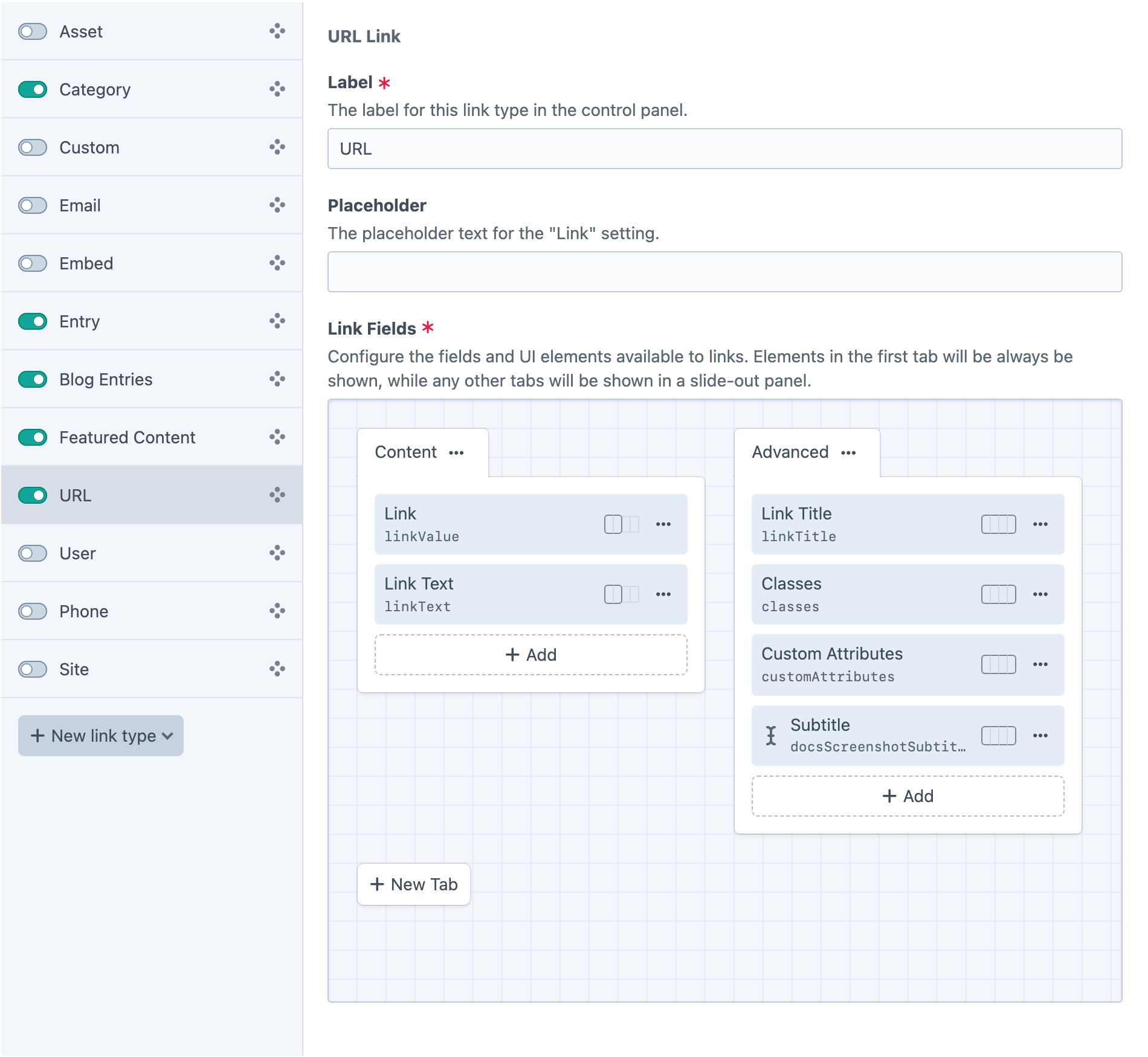 Hyper link types configured for different destinations.