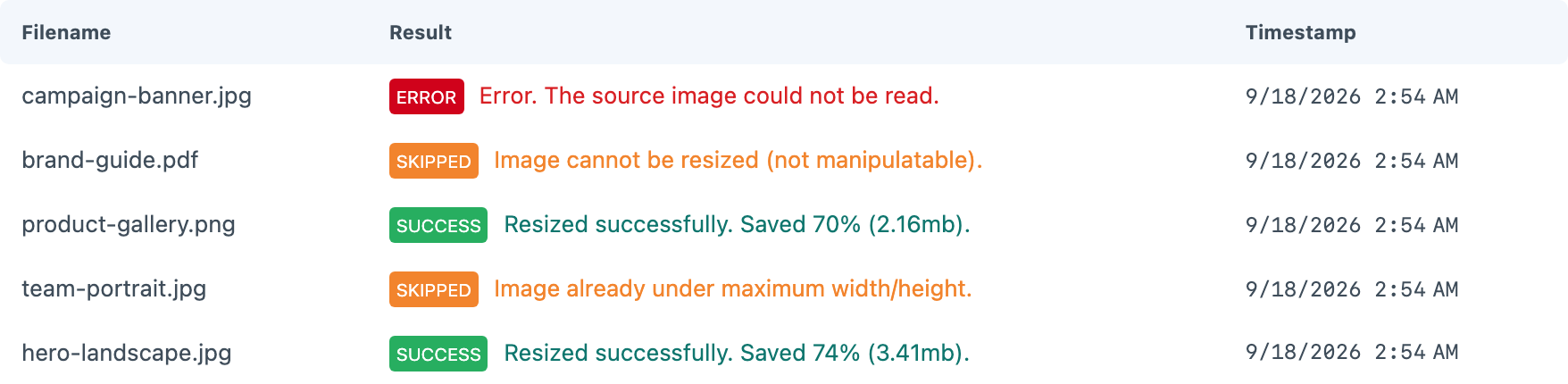 Image Resizer log showing successful, skipped and failed operations.