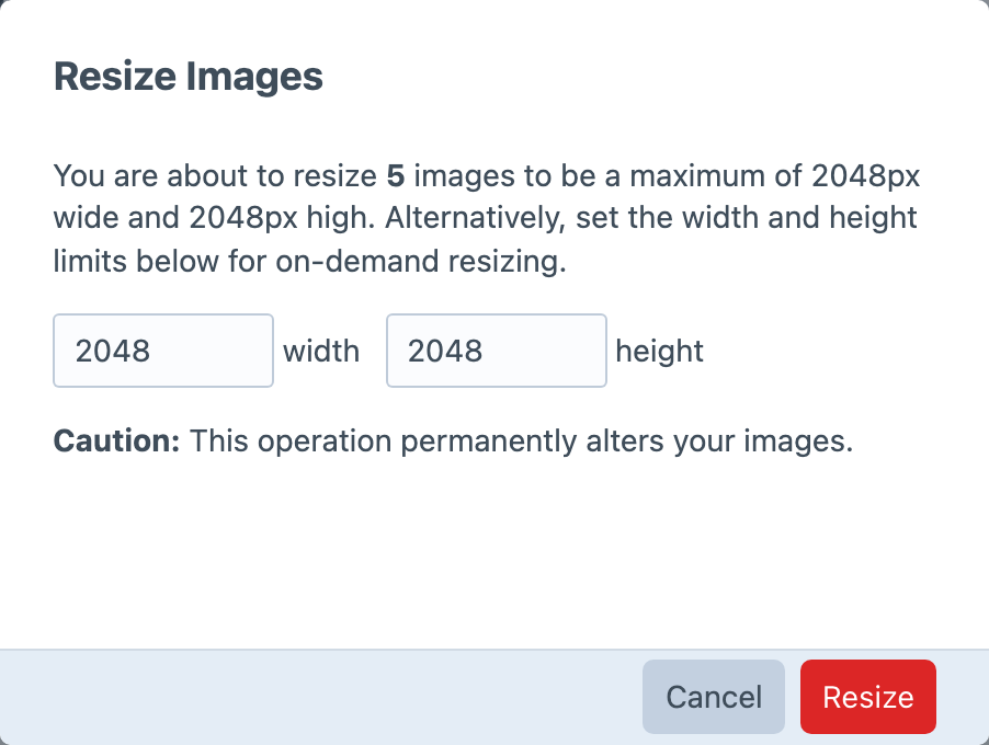 Image Resizer on-demand resize dialog with maximum dimensions.
