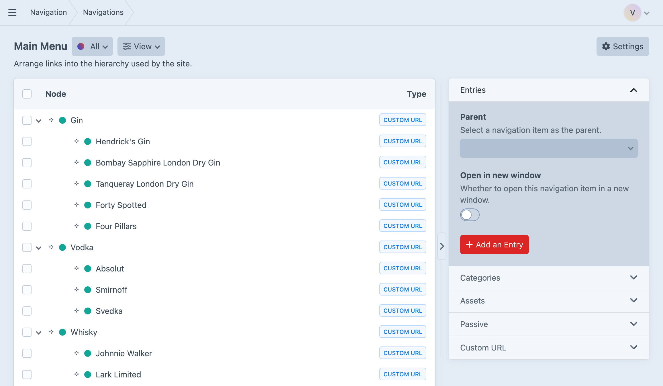 A populated Navigation menu arranged into a nested hierarchy in Craft.