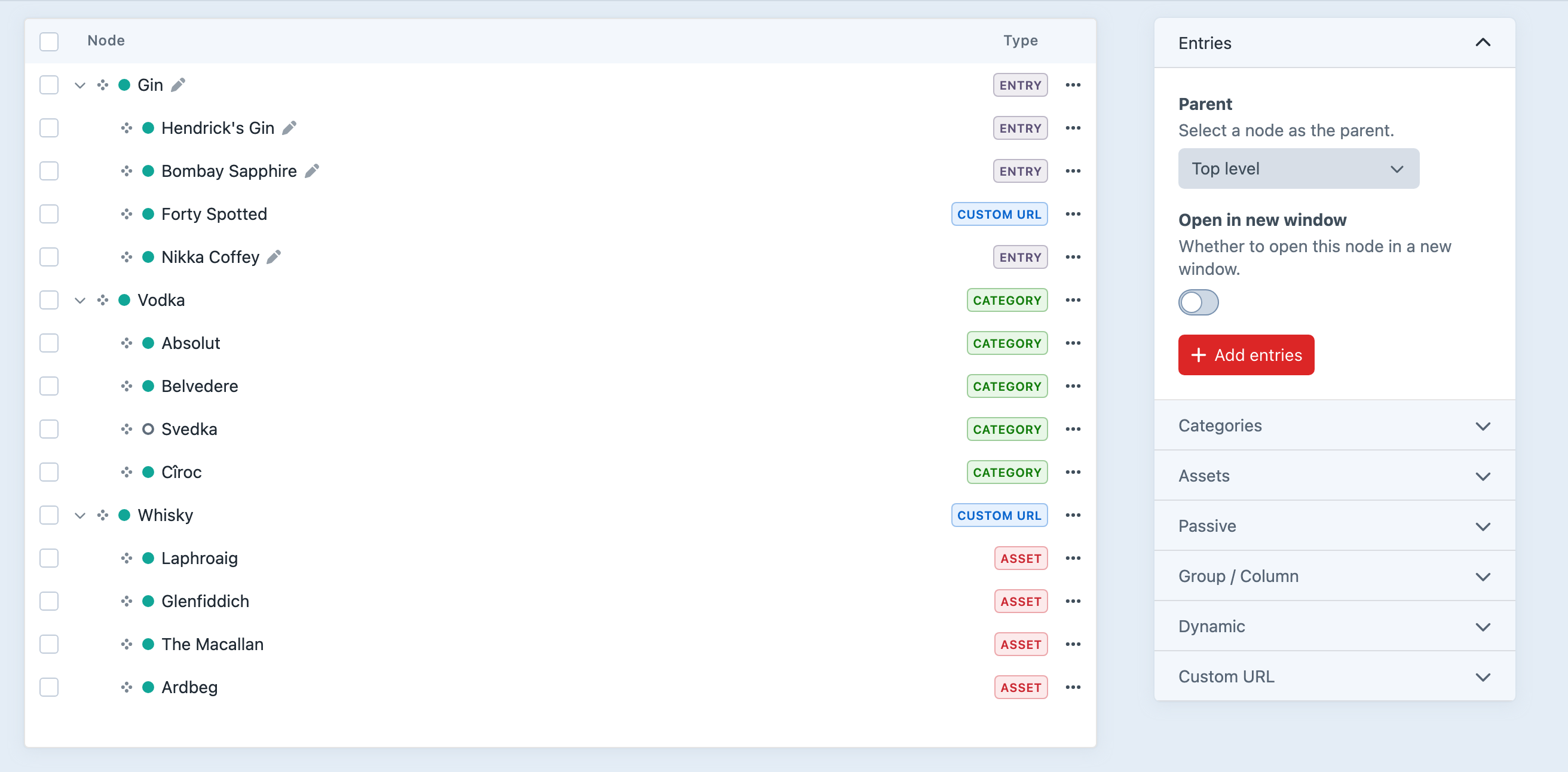 A populated Navigation menu arranged into a nested hierarchy in Craft.
