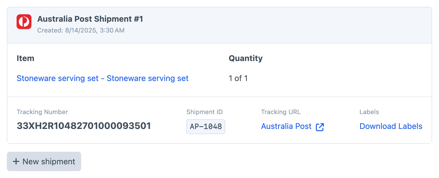 A lodged Australia Post shipment with tracking and label details on a Commerce order