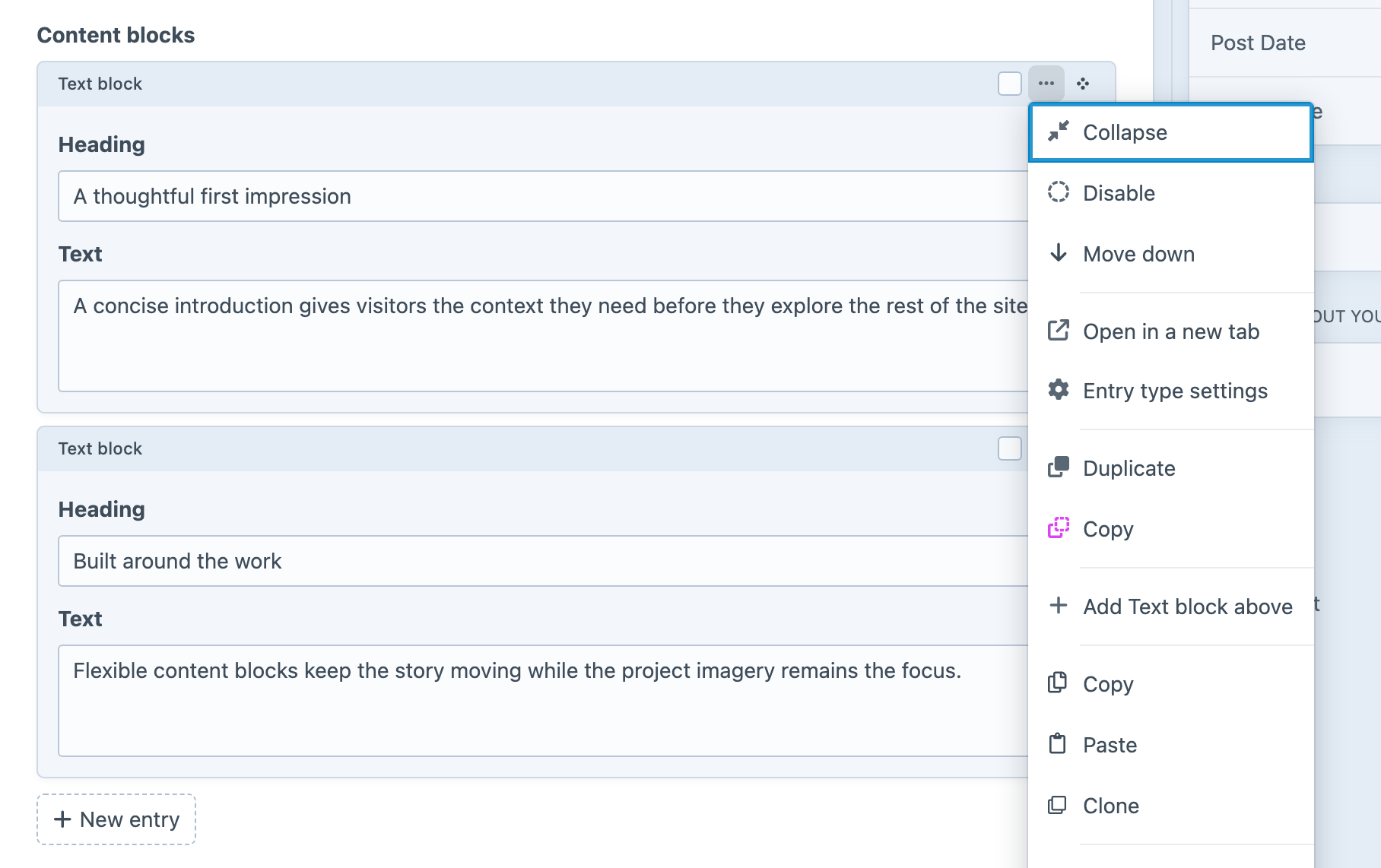 A populated Craft Matrix field with Smith’s Copy, Paste, and Clone actions open.