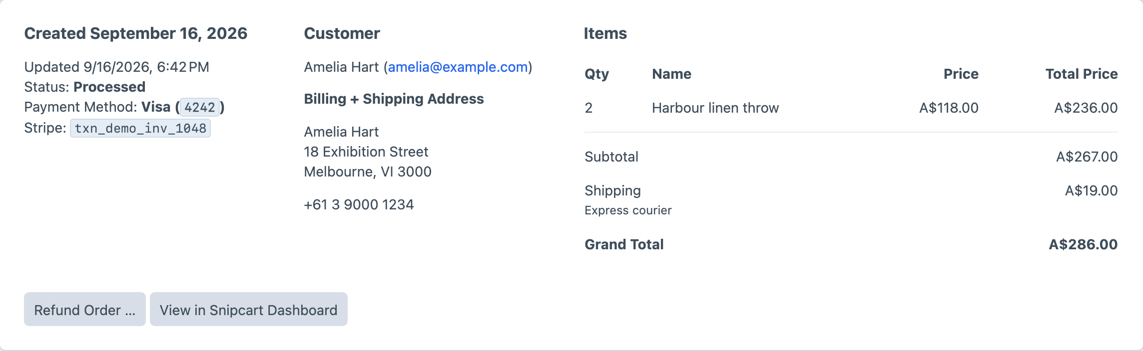 A Snipcart order with customer, payment, shipping and line-item details in Craft 5.