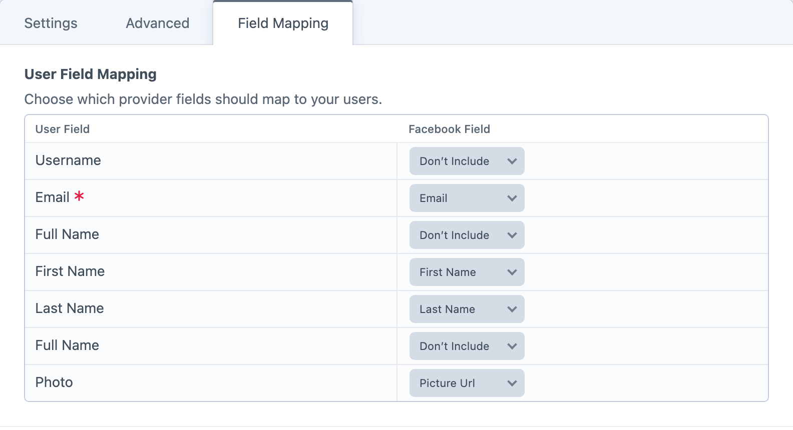 Facebook profile fields mapped to Craft user attributes for registration and profile updates.