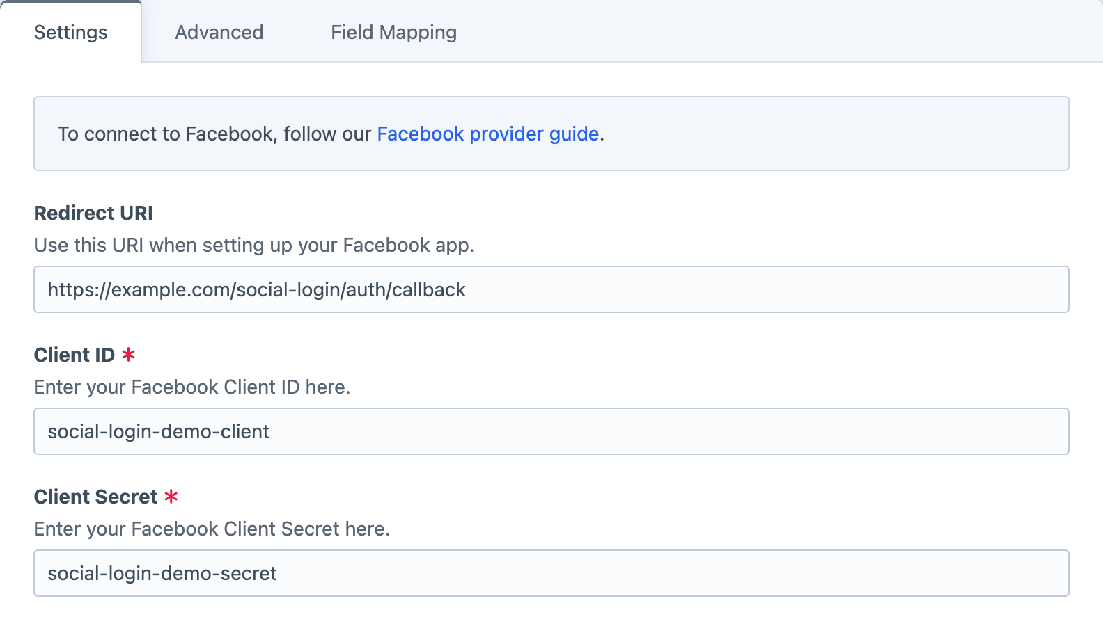 Facebook application credentials and callback details in Social Login’s provider settings.