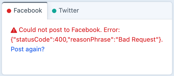 A failed social post with its provider response and retry action.