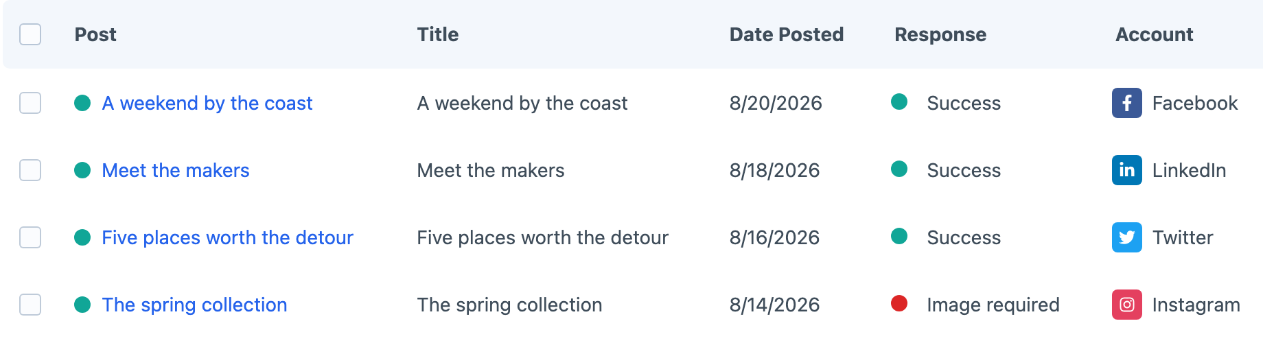 Social Poster’s Craft index listing posts across Facebook, LinkedIn, Twitter and Instagram.