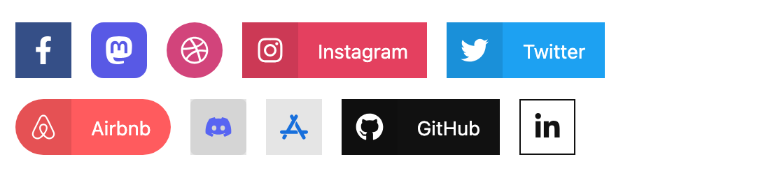 Social buttons rendered with several icon, label, shape and colour treatments.